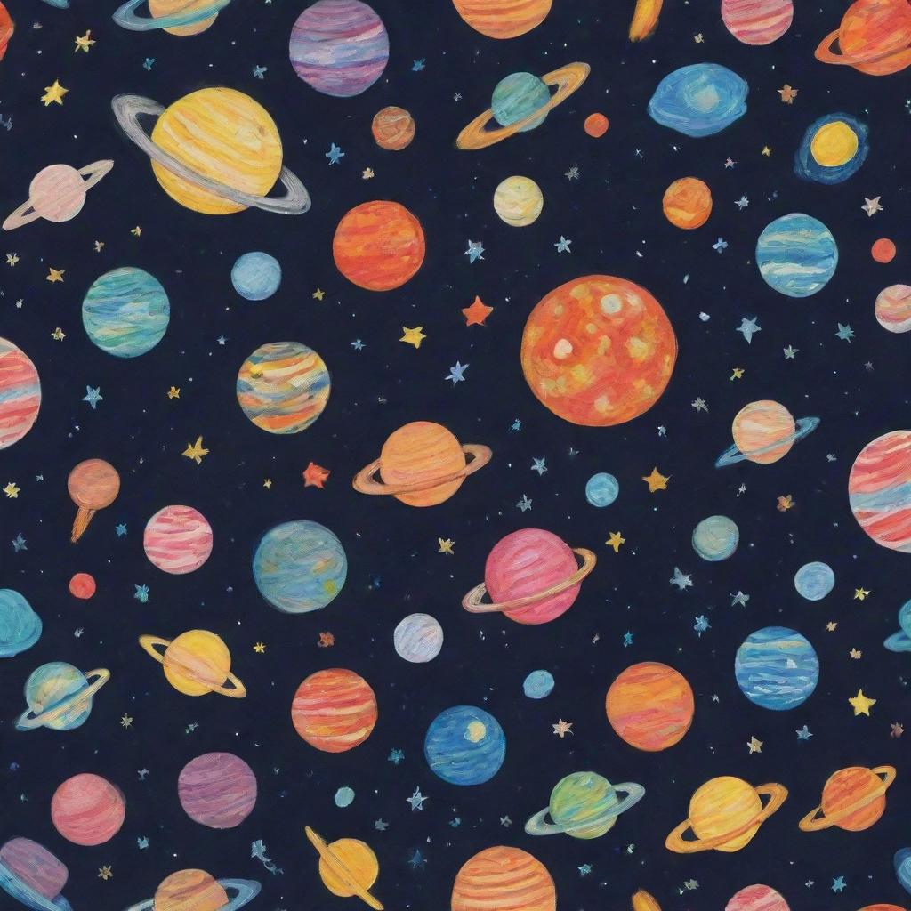 A playful universe filled with colorful planets, stars, comets, and galaxies, all created from children's toys, drawings, and dreams.