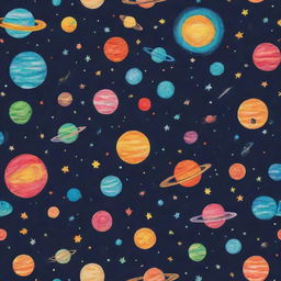 A playful universe filled with colorful planets, stars, comets, and galaxies, all created from children's toys, drawings, and dreams.