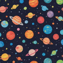 A playful universe filled with colorful planets, stars, comets, and galaxies, all created from children's toys, drawings, and dreams.