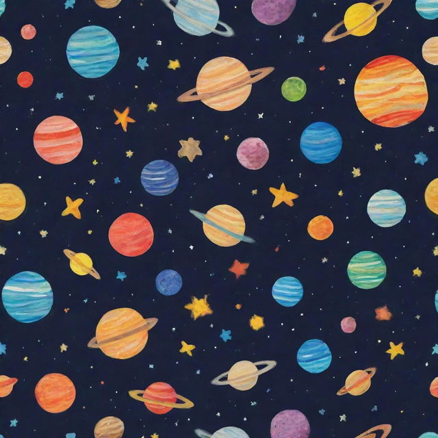 A playful universe filled with colorful planets, stars, comets, and galaxies, all created from children's toys, drawings, and dreams.