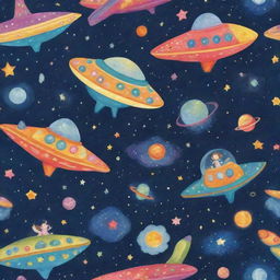 A magical universe where children play amongst stars, flying around in colorful spaceships, and fantastical creatures roam.