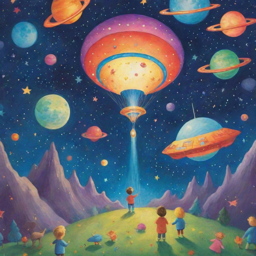 A magical universe where children play amongst stars, flying around in colorful spaceships, and fantastical creatures roam.