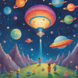 A magical universe where children play amongst stars, flying around in colorful spaceships, and fantastical creatures roam.