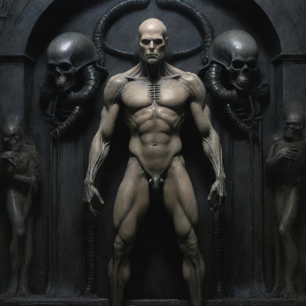 Create a Pre-Raphaelite painting representing a movie still of a Gothic Giger scene. Imagine a tall, mature, bald, and pale-skinned alien human soldier King, not shirtless, athletic body filled with scars, a chiseled jaw, and armored pants.