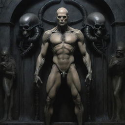 Create a Pre-Raphaelite painting representing a movie still of a Gothic Giger scene. Imagine a tall, mature, bald, and pale-skinned alien human soldier King, not shirtless, athletic body filled with scars, a chiseled jaw, and armored pants.