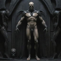 Create a Pre-Raphaelite painting representing a movie still of a Gothic Giger scene. Imagine a tall, mature, bald, and pale-skinned alien human soldier King, not shirtless, athletic body filled with scars, a chiseled jaw, and armored pants.