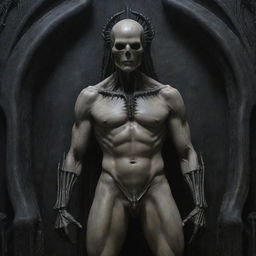 Create a Pre-Raphaelite painting representing a movie still of a Gothic Giger scene. Imagine a tall, mature, bald, and pale-skinned alien human soldier King, not shirtless, athletic body filled with scars, a chiseled jaw, and armored pants.