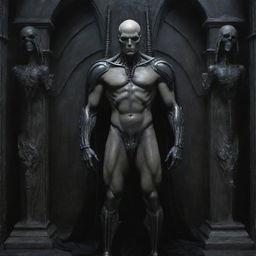 Create a Pre-Raphaelite painting representing a movie still of a Gothic Giger scene. Imagine a tall, mature, bald, and pale-skinned alien human soldier King, not shirtless, athletic body filled with scars, a chiseled jaw, and armored pants.