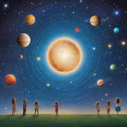 A captivating universe filled with joyful children, galaxies of twinkling stars, vibrant planets, spinning moons, and dazzling comets