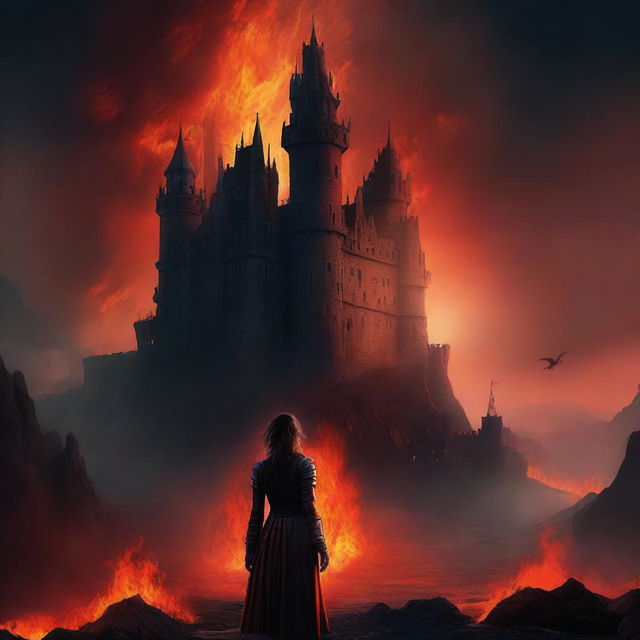 A chillingly detailed digital art of a formidable castle at the very edge of a fiery, hellish landscape