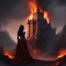 A chillingly detailed digital art of a formidable castle at the very edge of a fiery, hellish landscape