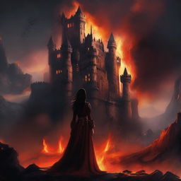 A chillingly detailed digital art of a formidable castle at the very edge of a fiery, hellish landscape