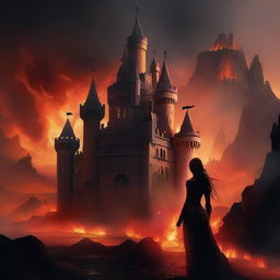 A chillingly detailed digital art of a formidable castle at the very edge of a fiery, hellish landscape