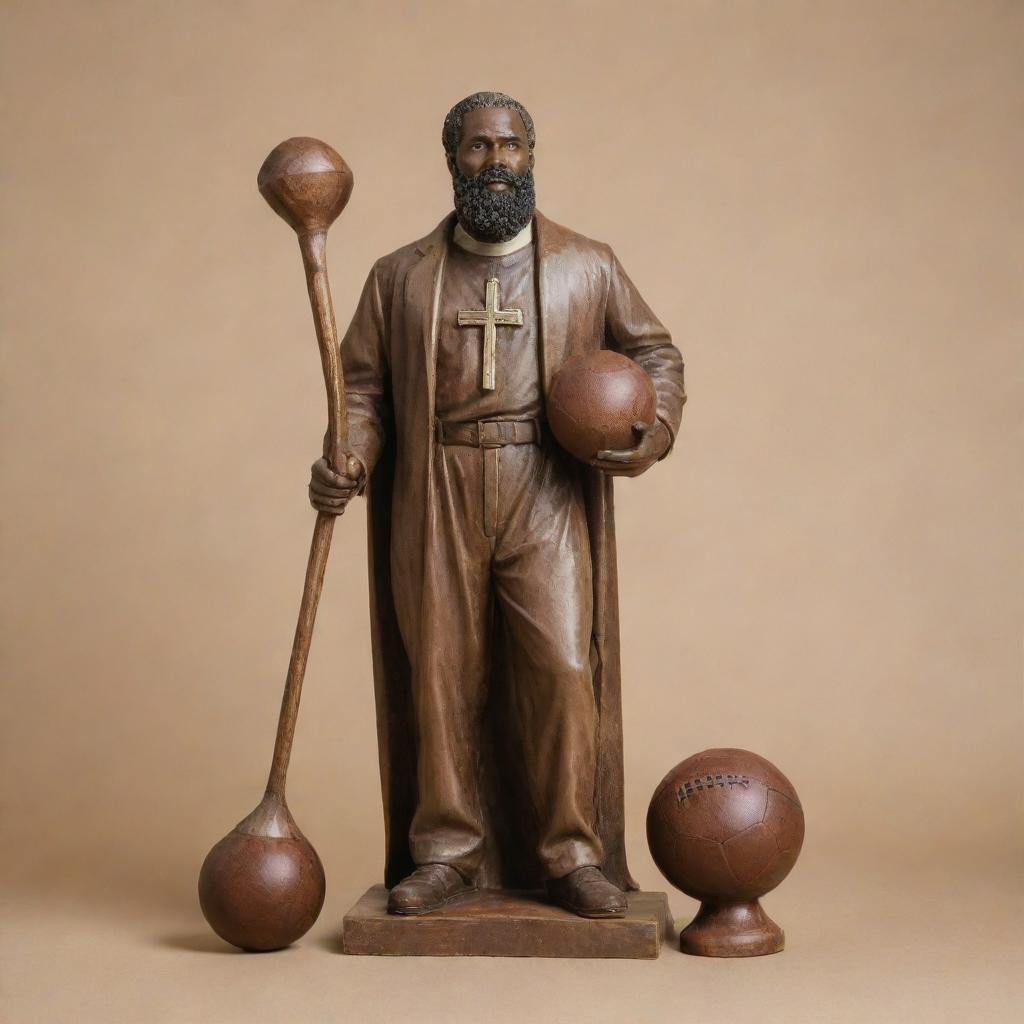 Design a large figure of an African American Catholic Saint with a football in his right hand and a hammer in his left. The saint is distinguished by his beard and mustache, set against a minimalistic background.