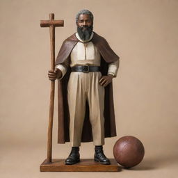 Design a large figure of an African American Catholic Saint with a football in his right hand and a hammer in his left. The saint is distinguished by his beard and mustache, set against a minimalistic background.