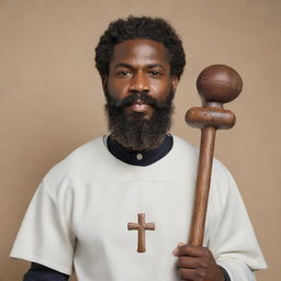 Design a large figure of an African American Catholic Saint with a football in his right hand and a hammer in his left. The saint is distinguished by his beard and mustache, set against a minimalistic background.