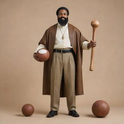 Design a large figure of an African American Catholic Saint with a football in his right hand and a hammer in his left. The saint is distinguished by his beard and mustache, set against a minimalistic background.