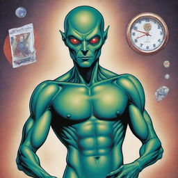 Create a safe, DC comic style art piece of an artistic alien man taking proactive measures to protect against STDs, emphasizing responsibility and self-care.