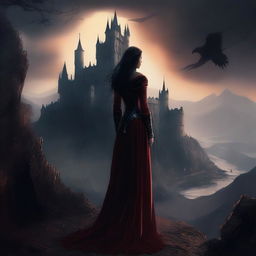 A high-quality digital art piece featuring an extremely attractive woman in minute detail, standing in the foreground of a daunting castle perched on the brink of a hellish landscape