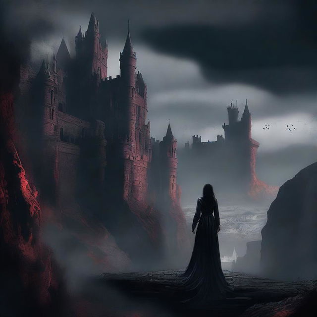 A high-quality digital art piece featuring an extremely attractive woman in minute detail, standing in the foreground of a daunting castle perched on the brink of a hellish landscape