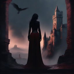 A high-quality digital art piece featuring an extremely attractive woman in minute detail, standing in the foreground of a daunting castle perched on the brink of a hellish landscape