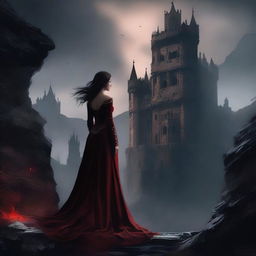 A high-quality digital art piece featuring an extremely attractive woman in minute detail, standing in the foreground of a daunting castle perched on the brink of a hellish landscape