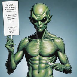 Create a safe, DC comic style art piece of an artistic alien man taking proactive measures to protect against STDs, emphasizing responsibility and self-care.