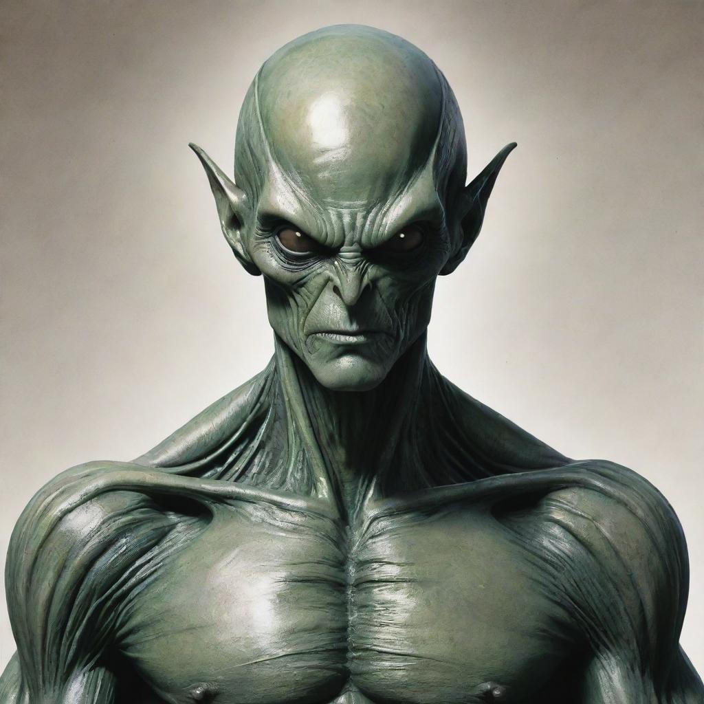 Create a safe, DC comic style art piece featuring an artistic alien man, showcasing his unique and natural anatomy with detailed respect for his alien physique.