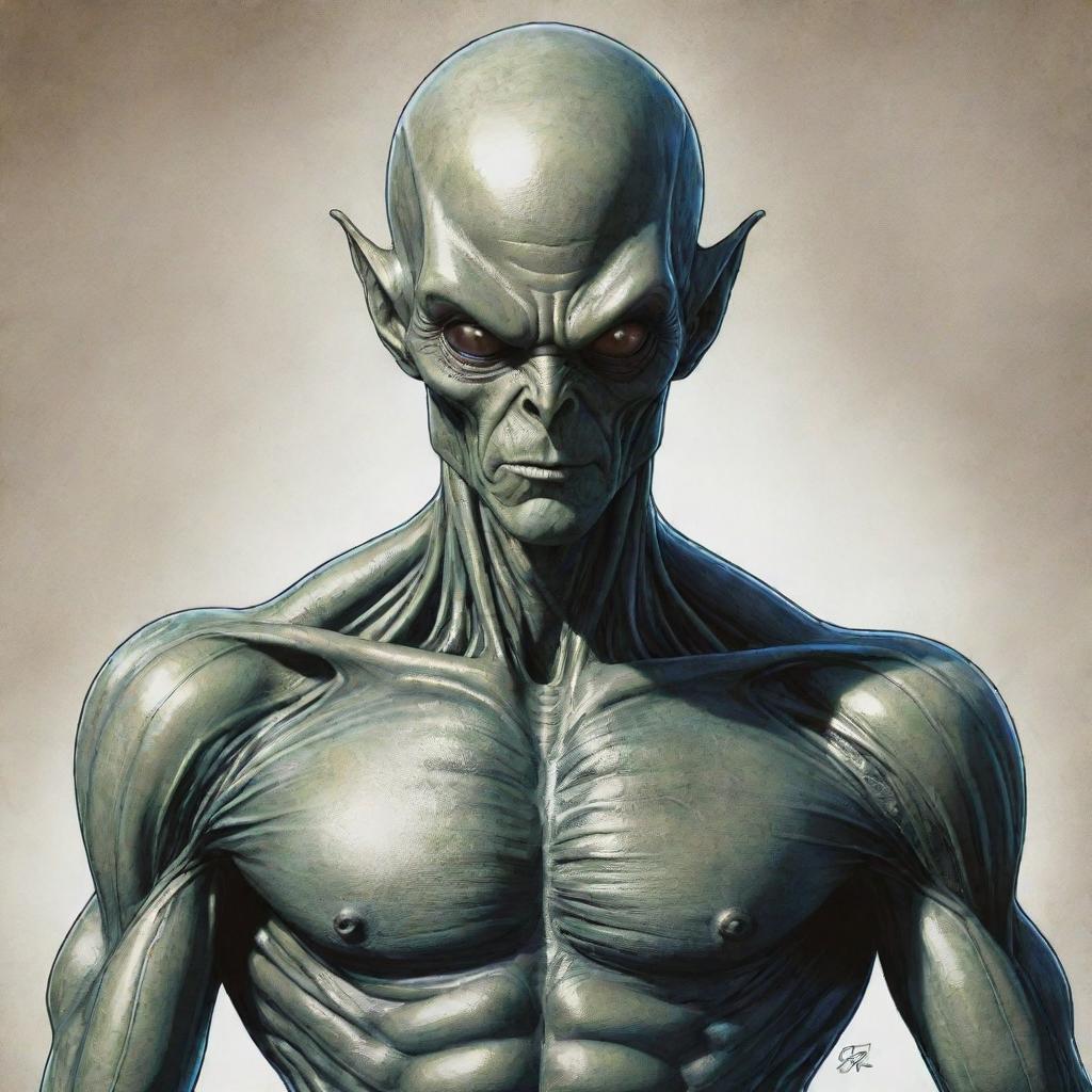 Create a safe, DC comic style art piece featuring an artistic alien man, showcasing his unique and natural anatomy with detailed respect for his alien physique.