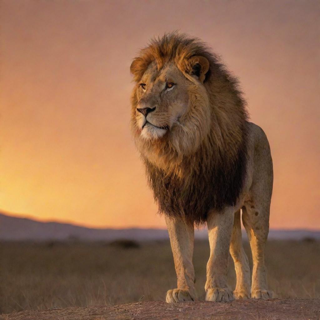 A lion standing majesticly against a sunset backdrop