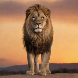 A lion standing majesticly against a sunset backdrop