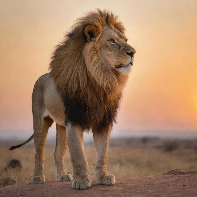 A lion standing majesticly against a sunset backdrop