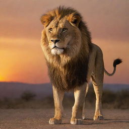 A lion standing majesticly against a sunset backdrop