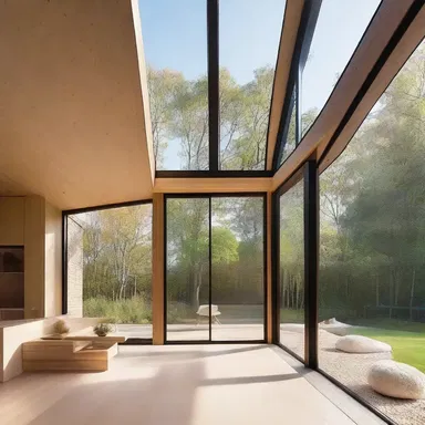 The large windows in this modern house enhance the flow of natural light.