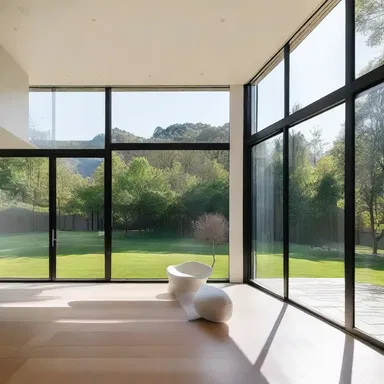 The large windows in this modern house enhance the flow of natural light.