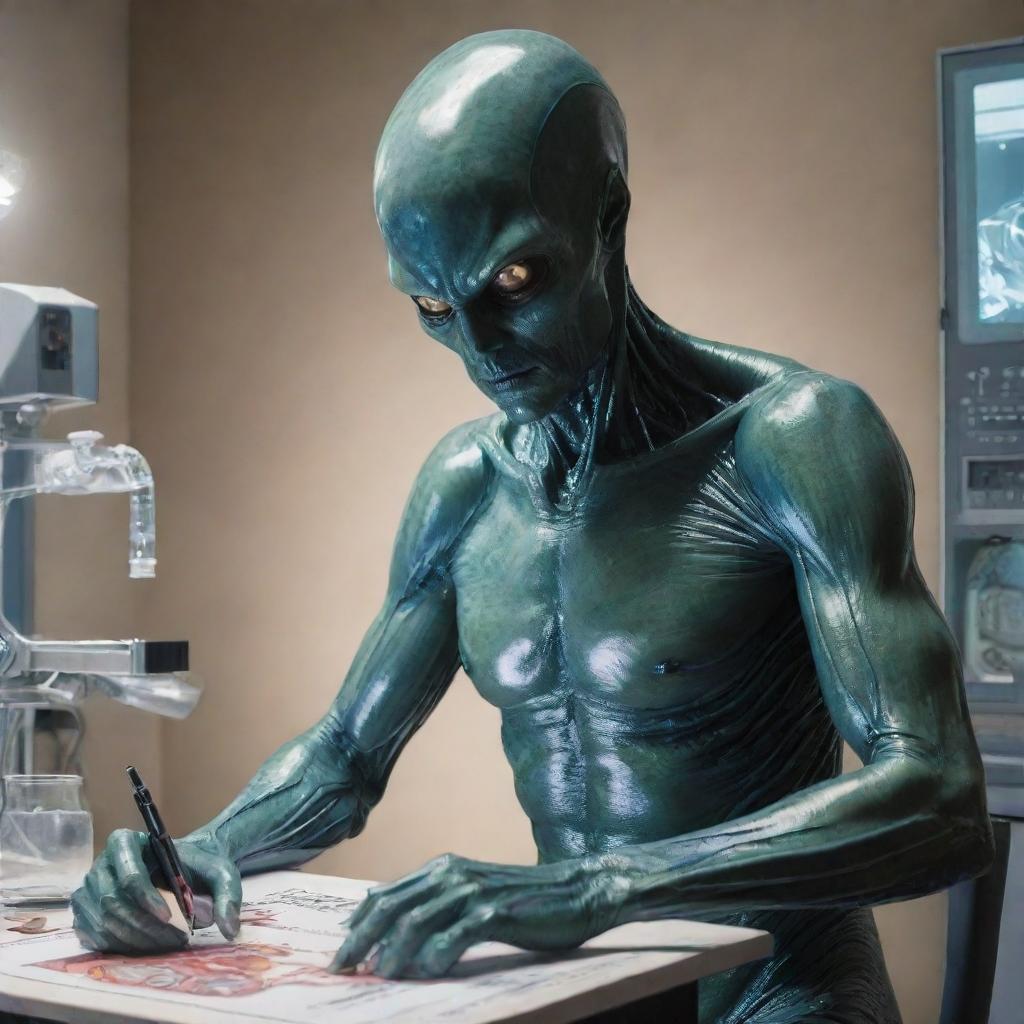 Create a safe, DC comic style art piece where an artistic alien man is performing self-chirurgy, highlighting the precision and concentration involved in the process.