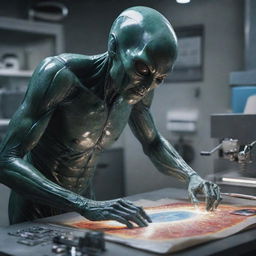 Create a safe, DC comic style art piece where an artistic alien man is performing self-chirurgy, highlighting the precision and concentration involved in the process.