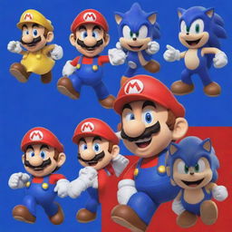 Generate an image combining Super Mario from the Nintendo universe and Sonic the Hedgehog from the Sega universe into one amusing crossover.