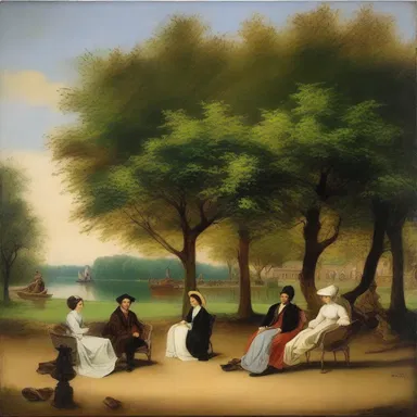 The painting depicted a scene of faineance, with several people lounging in a park, enjoying a peaceful afternoon without any obligations.