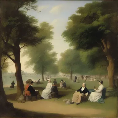 The painting depicted a scene of faineance, with several people lounging in a park, enjoying a peaceful afternoon without any obligations.