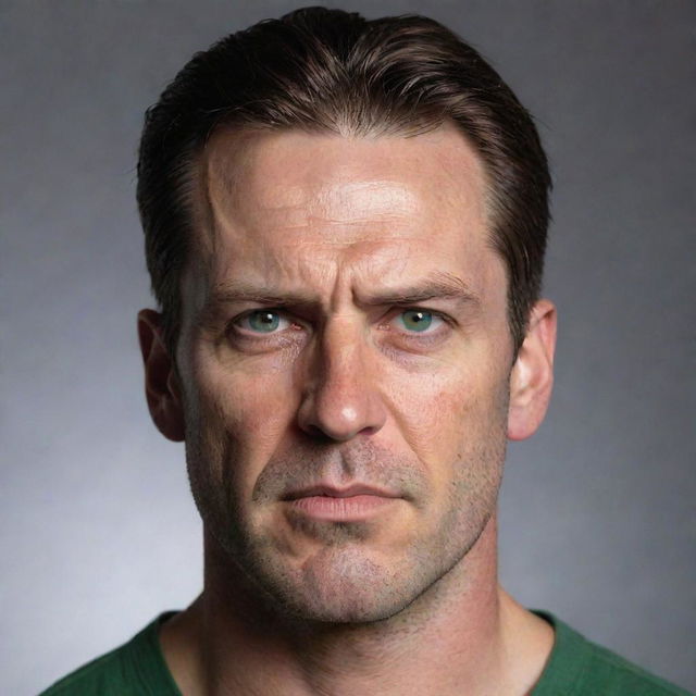 Craft a cinematic portrait of a 40-year-old man with angular facial features, a long face, and pointy ears. He appears angry, has piercing green eyes, an angular nose, a chiseled jawline, and slicked-back brown hair with an undercut. His physique is fit.