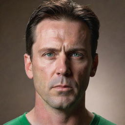 Craft a cinematic portrait of a 40-year-old man with angular facial features, a long face, and pointy ears. He appears angry, has piercing green eyes, an angular nose, a chiseled jawline, and slicked-back brown hair with an undercut. His physique is fit.