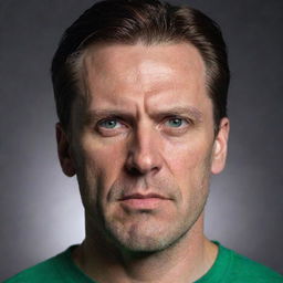 Craft a cinematic portrait of a 40-year-old man with angular facial features, a long face, and pointy ears. He appears angry, has piercing green eyes, an angular nose, a chiseled jawline, and slicked-back brown hair with an undercut. His physique is fit.