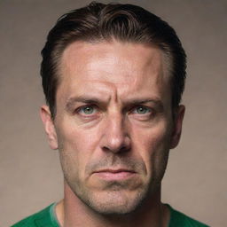 Craft a cinematic portrait of a 40-year-old man with angular facial features, a long face, and pointy ears. He appears angry, has piercing green eyes, an angular nose, a chiseled jawline, and slicked-back brown hair with an undercut. His physique is fit.