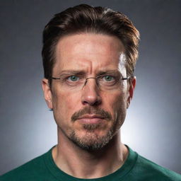 Create a cinematic portrait of a 40-year-old man with angular features, a long, angry face, pointy ears, and glasses. He has a goatee, is gaunt, and has green eyes, an angular nose, a chiseled jaw, as well as slicked-back brown hair with an undercut. His body is fit.