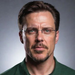 Create a cinematic portrait of a 40-year-old man with angular features, a long, angry face, pointy ears, and glasses. He has a goatee, is gaunt, and has green eyes, an angular nose, a chiseled jaw, as well as slicked-back brown hair with an undercut. His body is fit.