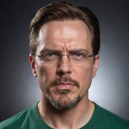 Create a cinematic portrait of a 40-year-old man with angular features, a long, angry face, pointy ears, and glasses. He has a goatee, is gaunt, and has green eyes, an angular nose, a chiseled jaw, as well as slicked-back brown hair with an undercut. His body is fit.