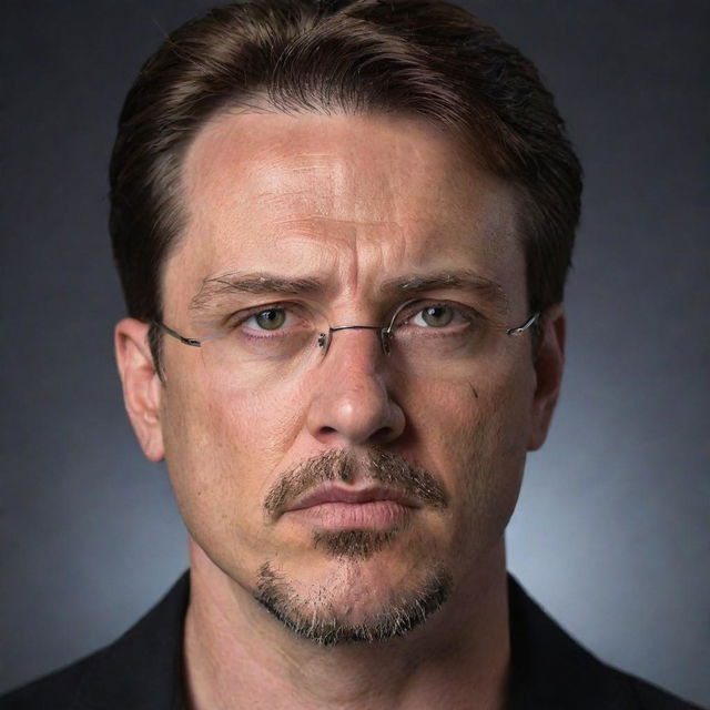 Create a cinematic portrait of a 40-year-old man with angular features, a long, angry face, pointy ears, and glasses. He has a goatee, is gaunt, and has green eyes, an angular nose, a chiseled jaw, as well as slicked-back brown hair with an undercut. His body is fit.