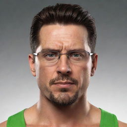 Render a portrait of a 40-year-old man with angular facial features, a long, angry face, pointy ears, and glasses. He has a goatee, is gaunt, and has green eyes and an angular nose. His chiseled jaw, slicked-back brown hair with undercut, and athletic body are highlighted. He is wearing swimwear.