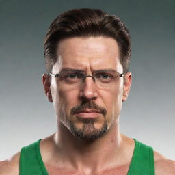 Render a portrait of a 40-year-old man with angular facial features, a long, angry face, pointy ears, and glasses. He has a goatee, is gaunt, and has green eyes and an angular nose. His chiseled jaw, slicked-back brown hair with undercut, and athletic body are highlighted. He is wearing swimwear.